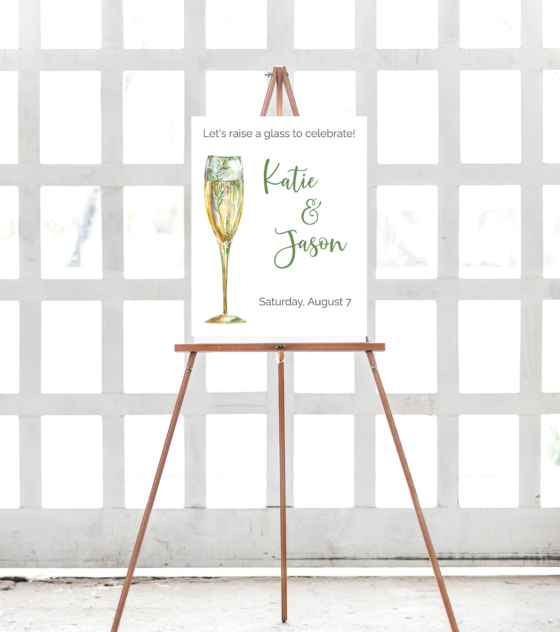 engagement party sign with champagne glass
