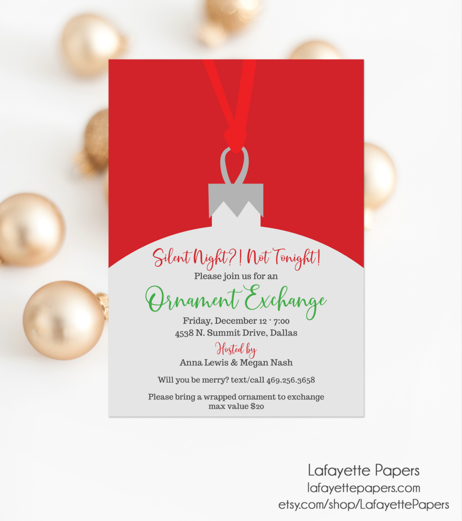 Ornament Exchange Party Invitation | Lafayette Papers, image size:907x1024