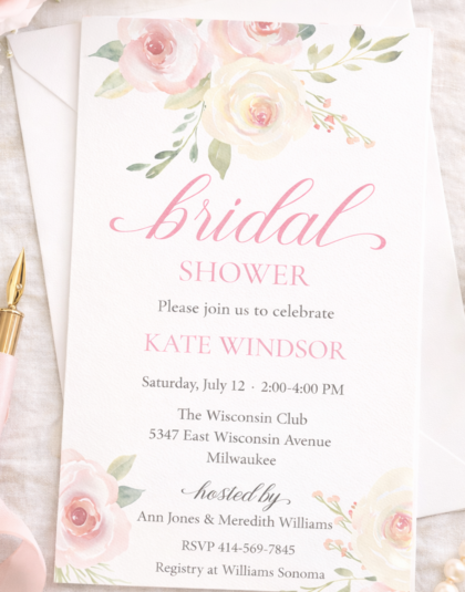 formal bridal shower invitation with blush pink roses