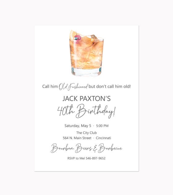 Old Fashioned cocktail Birthday Party Invitation