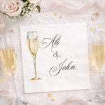 Personalized champagne cocktail napkin shown in a flatlay, featuring a hand-painted watercolor champagne flute and the names “Ali & John” in classic calligraphy, perfect for weddings, engagements, or celebrations.
