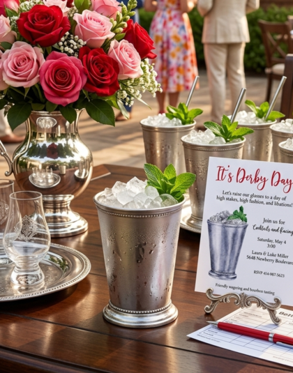 mint juleps at a derby party with the party invitation