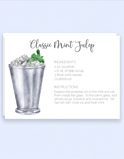 mint julep cocktail recipe card printed
