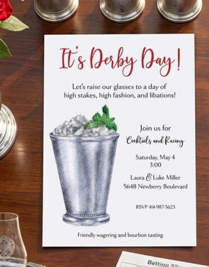 derby party invitation with mint julep cup