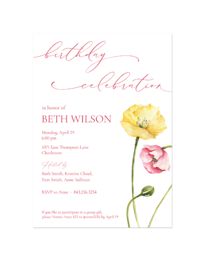 birthday party invitation for a female, floral design