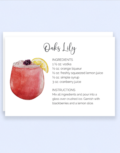 oaks lily cocktail recipe card printed