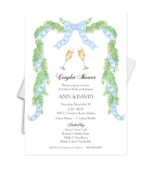 toasting champagne glasses with blue chinoiserie garland invitation