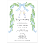 Champagne glasses with blue bows and chinoiserie garland party invitation