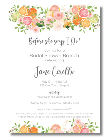 oranges and pink roses bridal invitation