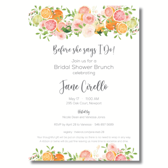 oranges and pink roses bridal invitation