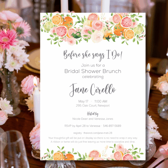 pink and orange bridal shower invitation