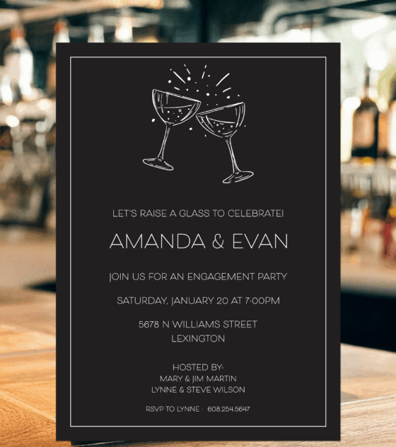 Couples engagement party invitation with toasting champagne glasses