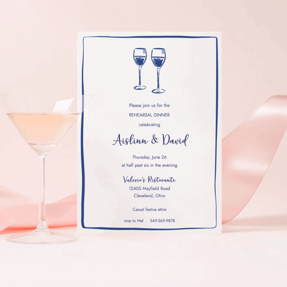 Modern cocktail dinner party invitation with wine glasses