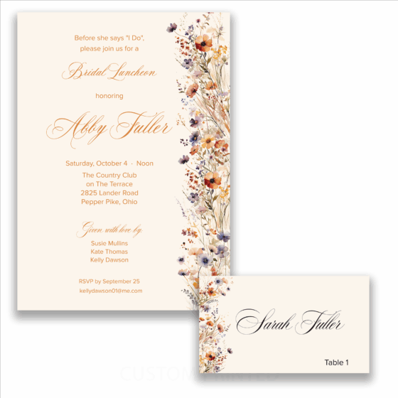 Printed invitation and place cards with fall flowers