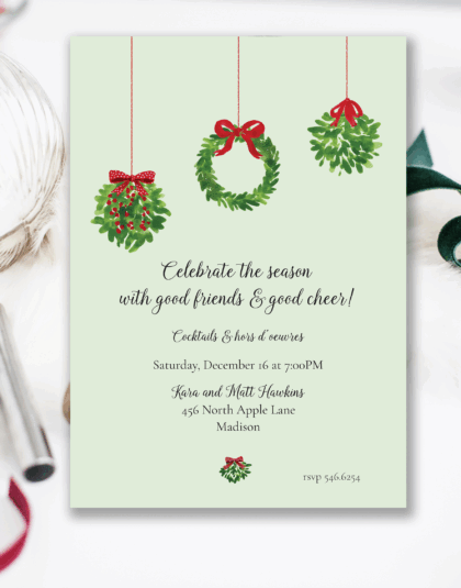 Christmas wreath and mistletoe holiday party invitation