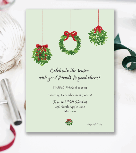 Christmas wreath and mistletoe holiday party invitation