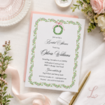 Christmas bridal shower invitation with wreath and pink ribbon