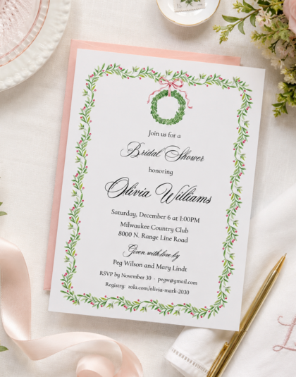 Christmas bridal shower invitation with wreath and pink ribbon