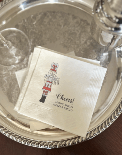 Elegant personalized holiday cocktail napkins with Cheers design and nutcracker artwork, 5×5 in 3-ply set of 100