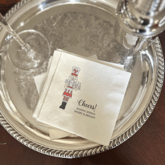 Elegant personalized holiday cocktail napkins with Cheers design and nutcracker artwork, 5×5 in 3-ply set of 100