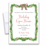 Watercolor holiday open house invitation with green garland and red plaid bow border, customizable Christmas party invite with white envelopes.