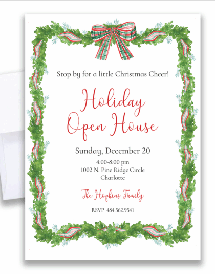 Watercolor holiday open house invitation with green garland and red plaid bow border, customizable Christmas party invite with white envelopes.