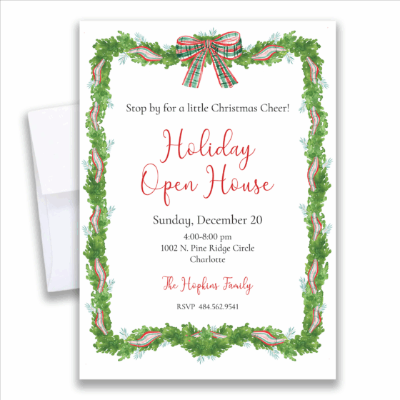 Watercolor holiday open house invitation with green garland and red plaid bow border, customizable Christmas party invite with white envelopes.