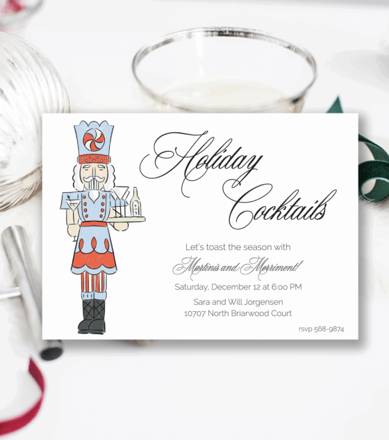 martinis & merriment invitation with nutcracker holding a tray of martinis