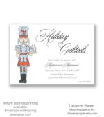Holiday cocktail party invitation featuring a watercolor nutcracker holding martinis and champagne bottles, elegant script fonts reading “Holiday Cocktails,” and festive red and blue accents perfect for Christmas entertaining.