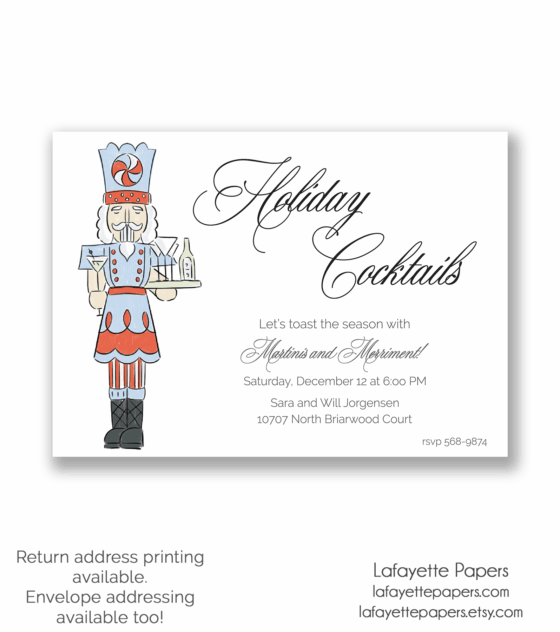 Holiday cocktail party invitation featuring a watercolor nutcracker holding martinis and champagne bottles, elegant script fonts reading “Holiday Cocktails,” and festive red and blue accents perfect for Christmas entertaining.