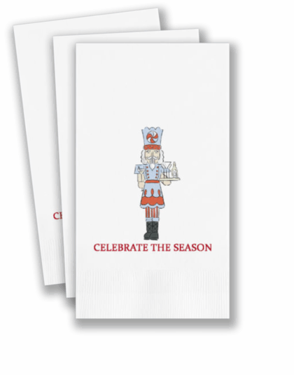 Personalized “Celebrate the Season” holiday guest towel with nutcracker design, 3-ply paper, matte ink printing, set of 100
