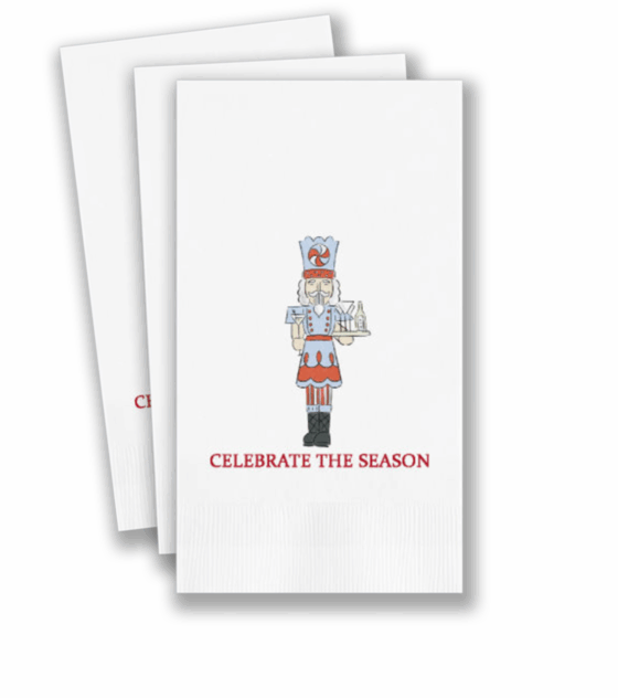 Personalized “Celebrate the Season” holiday guest towel with nutcracker design, 3-ply paper, matte ink printing, set of 100