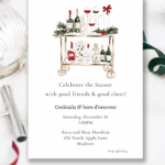 Holiday Cocktail Party Invitation features a charming watercolor bar cart adorned with greenery, holiday bottles, and festive glasses