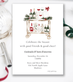 Holiday Cocktail Party Invitation features a charming watercolor bar cart adorned with greenery, holiday bottles, and festive glasses