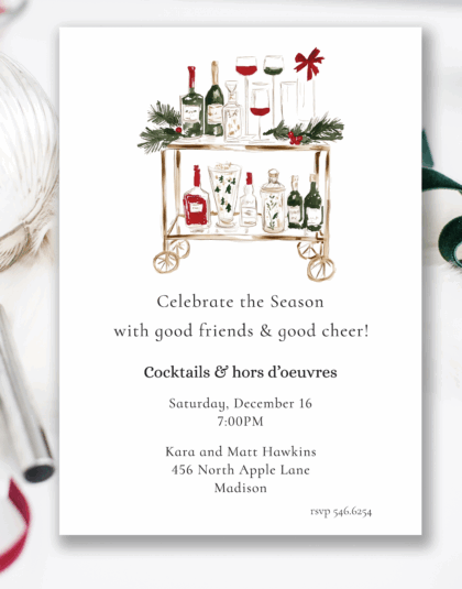 Holiday Cocktail Party Invitation features a charming watercolor bar cart adorned with greenery, holiday bottles, and festive glasses