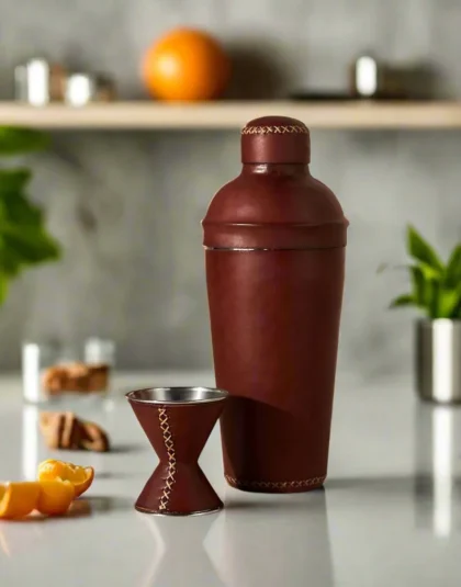 leather cocktail shaker and jigger