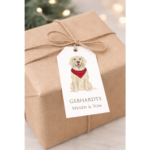 golden retriever with bandana on gift tag with family names
