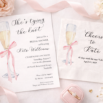 champagne flutes with pink bow on bridal shower invitation and custom napkin