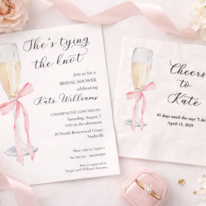 champagne flutes with pink bow on bridal shower invitation and custom napkin