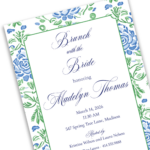 Blue and green floral bridal shower invitation with watercolor flowers and elegant script typography, customizable for any occasion