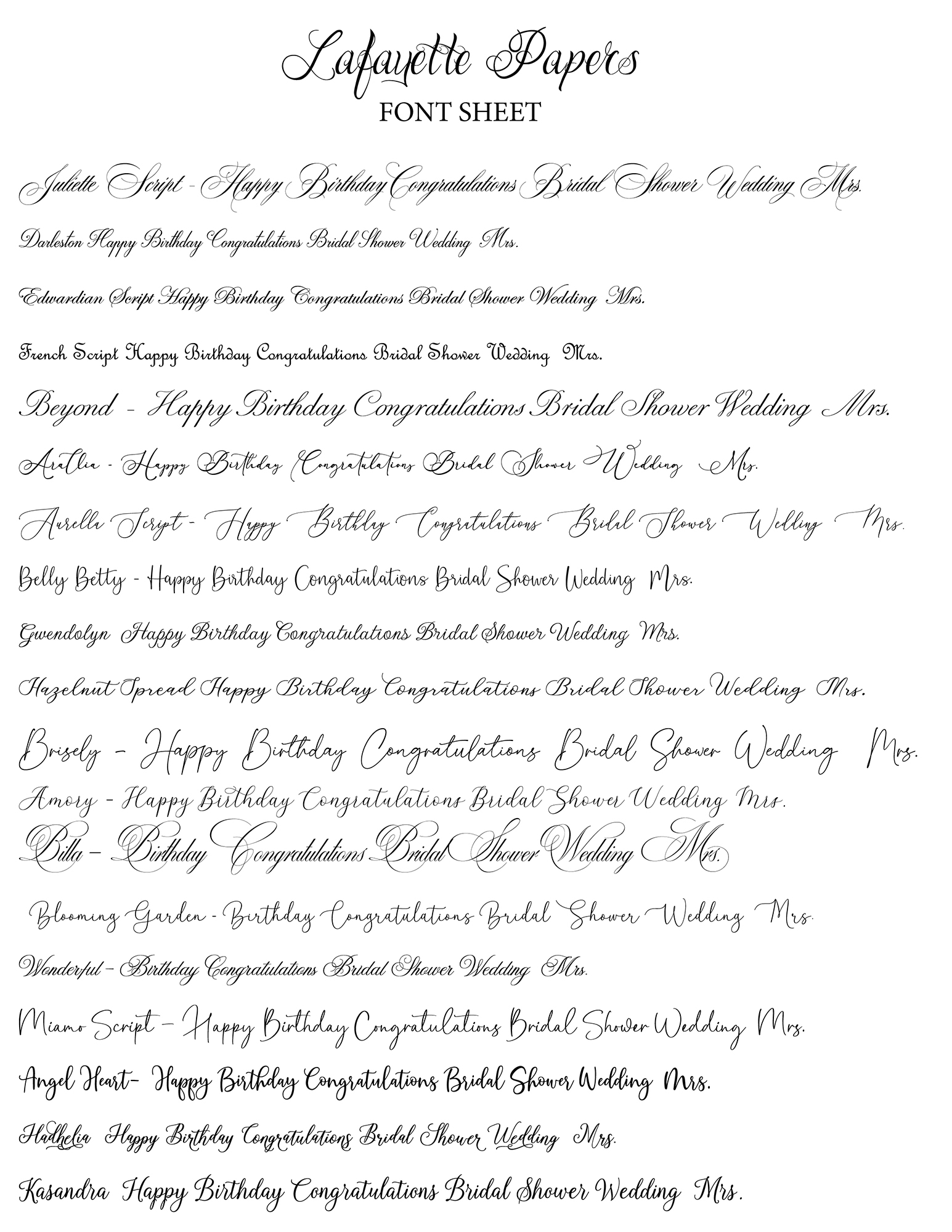 Lafayette Papers Handwritten, Script Font Selection Sheet