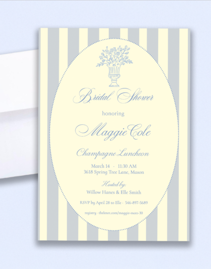 Printed blue striped bridal shower invitation with envelope