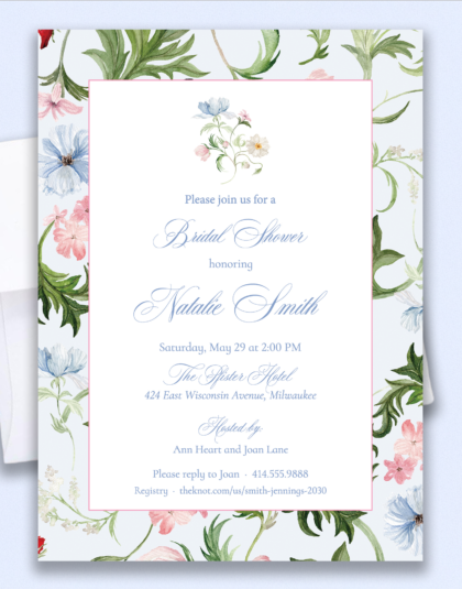 blue floral invitation perfect for showers and garden parties