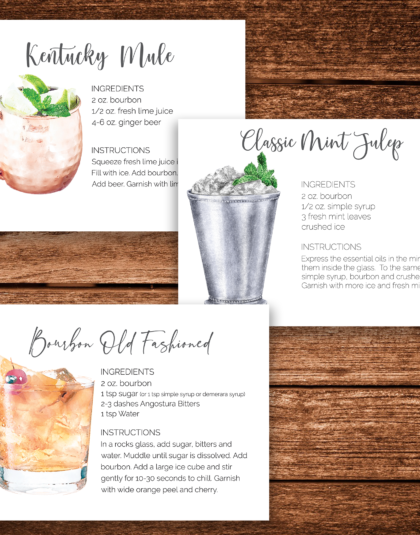 cocktail recipe cards for a mint julep, kentucky mule and a bourbon old fashioned