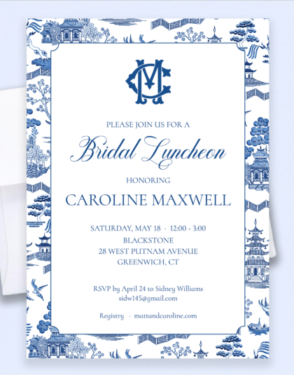 blue chinoiserie bridal shower invitation with monogram