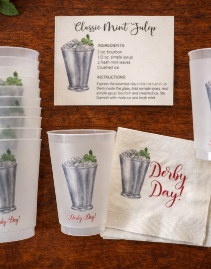 mint julep party cups, napkins and recipe cards