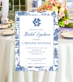 blue and white bridal invitation with initials