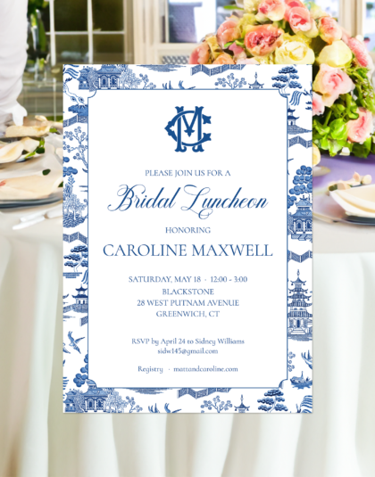 blue and white bridal invitation with initials