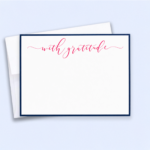 Luxury with gratitude raised ink note cards featuring pink calligraphy and navy border on premium triple-thick paper with white envelopes.