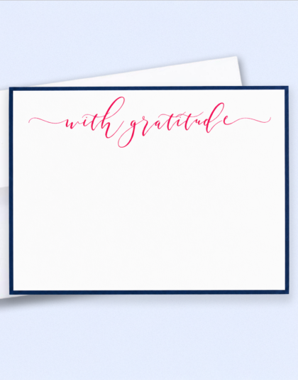 Luxury with gratitude raised ink note cards featuring pink calligraphy and navy border on premium triple-thick paper with white envelopes.